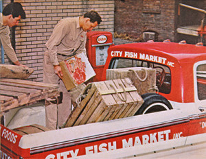 new trucks at city fish market in 1950