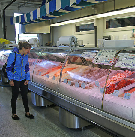 large variety of seafood and fish at retail counter