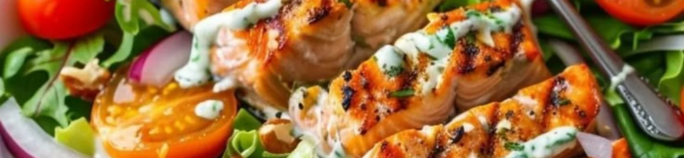 Grilled Salmon over Mediterranean Chopped Salad with Tzatziki