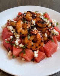 Honey Sriracha Grilled Shrimp over Watermelon & Feta