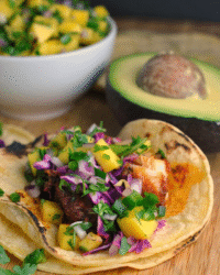Blackened Rainbow Trout Tacos with Mango Jalapeño Slaw & Chipotle Crema