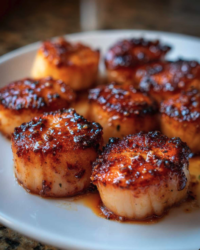 City Fish Market sea scallops, pan-seared to a golden crust and finished in a sticky-sweet honey garlic butter sauce.