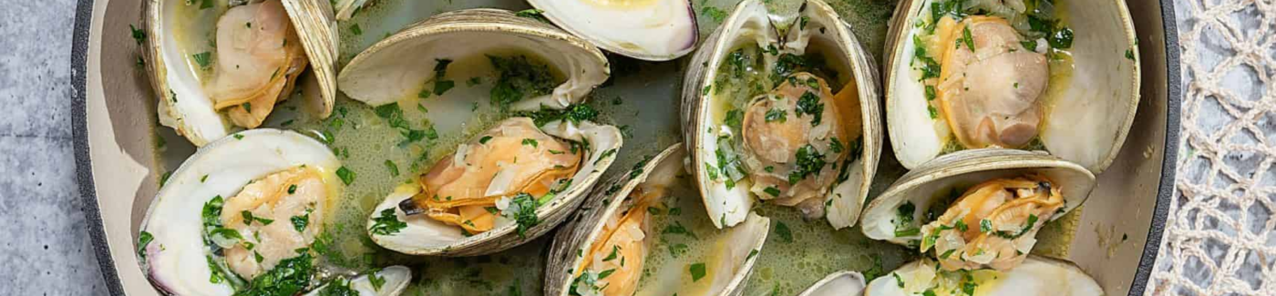 City Fish Market steamers, simmered in a white wine garlic butter broth with fresh herbs — ready in 15 minutes.