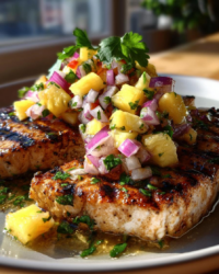City Fish Market swordfish steaks, grilled with a smoky spice rub and topped with a charred pineapple-jalapeno salsa.